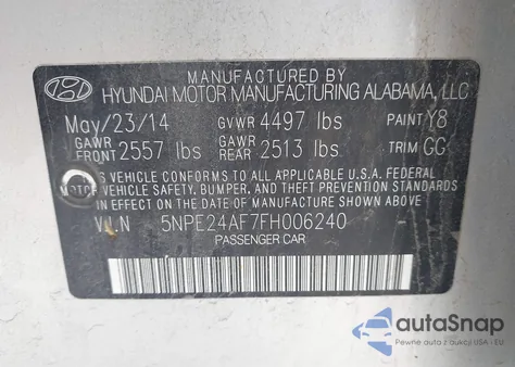 2015 Hyundai Sonata Se from USA, damaged, VIN 5NPE24AF7FH006240